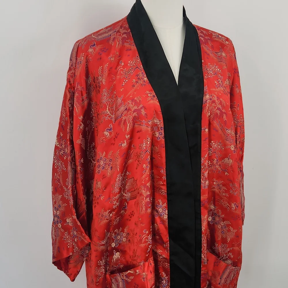 Vintage Oriental Kimono Robe L Red Black Satin Asian Print Lounge Duster Boho - Picture 2 of 9
